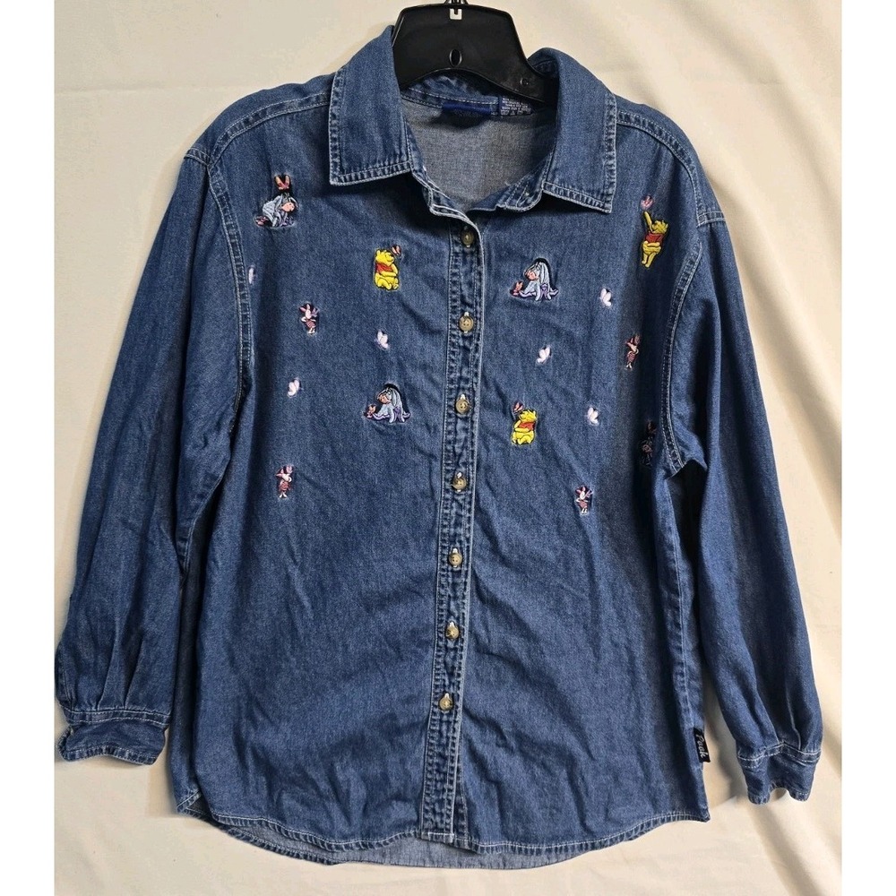 Disney Winnie the Pooh Embroidered Denim Button Up Shirt Blue Women M Y2K